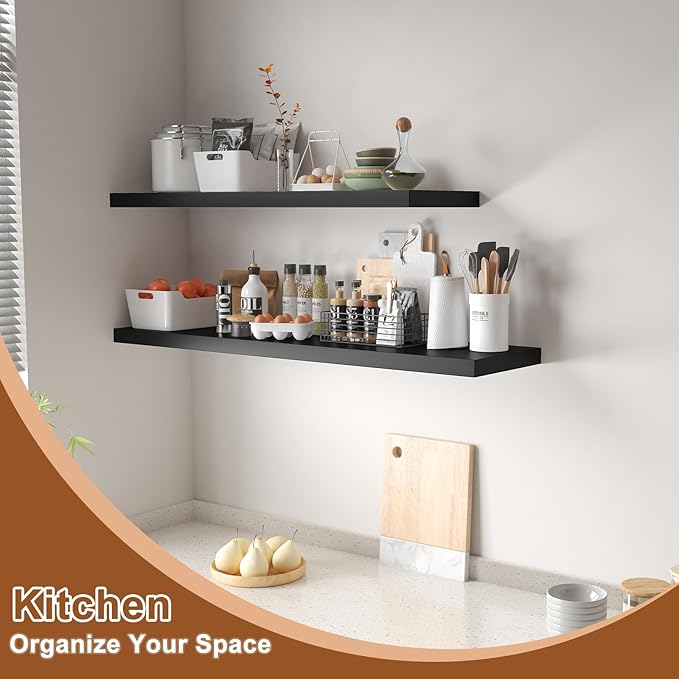 40 Inch Floating Shelf 3 Pack Large Floating Shelves for Wall No Drilling Accessories Included Deep Wall Shelves for Living Room Kitchen Farmhouse 40" W x 12" D x 1.2" Black