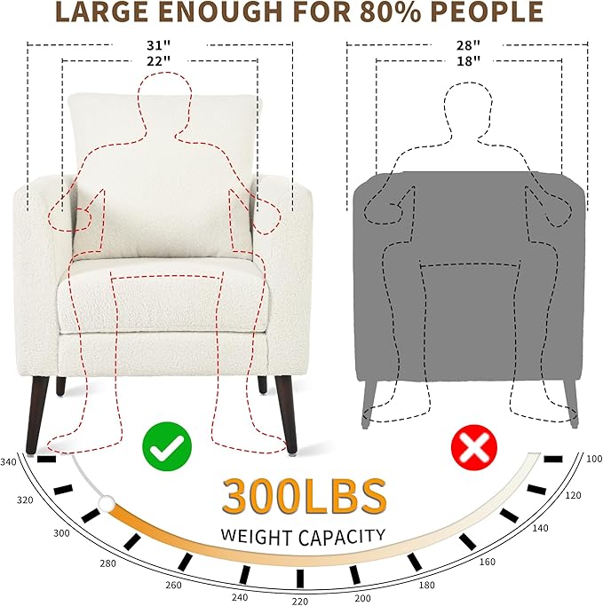 Barrel Accent Chair Set of 2 with Back Pillow, Large Teddy Upholstered Armchair with Solid Wood Legs Modern Reading Chairs for Living Room Bedroom