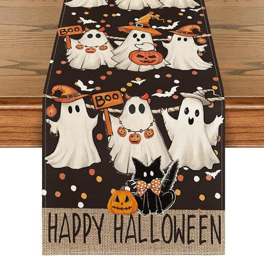 Artoid Mode Ghost Jack-O'-Lantern Black Cat Halloween Table Runner,Holiday Kitchen Dining Table Decoration for Home Party Decor 13 x 120 Inch