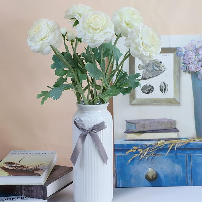 Artificial Ranunculus Long Stem Buttercup Silk Flowers 6pcs for Home Decor and Wedding Decorations(White 1)