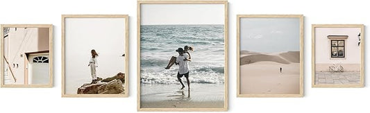 HAUS AND HUES Picture Frame Set - Set of 5 Wall Frames Collage Set, Collage Photo Frames, Natural Wood Picture Frames, Gallery Wall Decor, (Two 8x10, Two 11x14, One 16x20 Framed Beige)