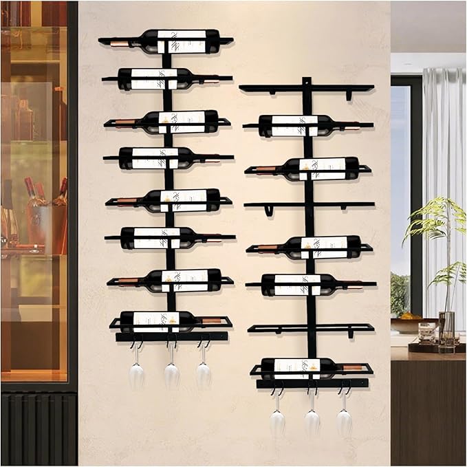 16 Bottle Wall Mount Wine Rack with Wine Glass Holder, Metal Wine Wall Rack, Wall Racks for Wine Bottles Display and Storage, Hanging Bottle Organizer for Living Dining Room Wine Cellar Bar (Black)