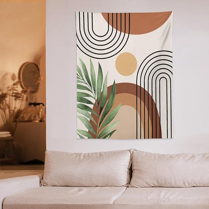 Abstract Bohemian Mid Century Tapestry, Tropical Leaves Modern Geometric Archway Minimalist Bohemian Botanical Aesthetic Wall Hanging, Sage Green Gold Home Decor Art for Bedroom 50x60 Inch