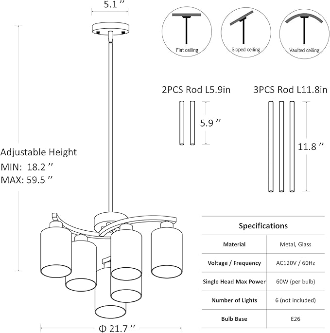 6-Light Brushed Nickel Chandeliers for Dining Room Light Fixtures Over Table, Adjustable Height Hanging Industrial Pendant Lighting for Kitchen Island Bedroom, Clear Glass Shade