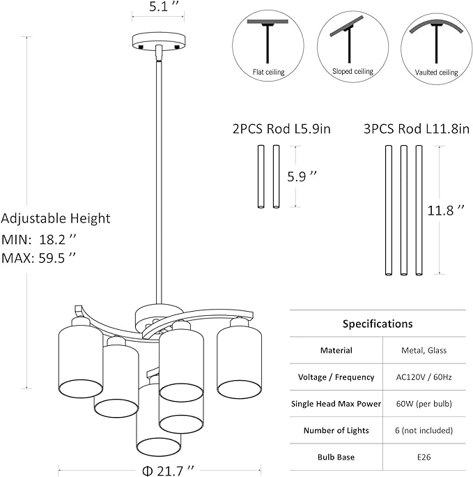 6-Light Gold Chandeliers for Dining Room, Modern Kitchen Island Light Fixtures Over Table, Metal Hanging Pendant Lighting for Living Room Stairwell Entryway Bedroom, Clear Glass Shade