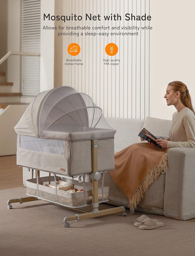 Baby Bassinet Bedside Sleeper, besrey Bedside Bassinet for Newborn Infant with Comfy Mattress, 9 Height Positions, Adjustable Bedside Crib with 360° Swivel Wheels Bassinet for Baby with Storage Basket