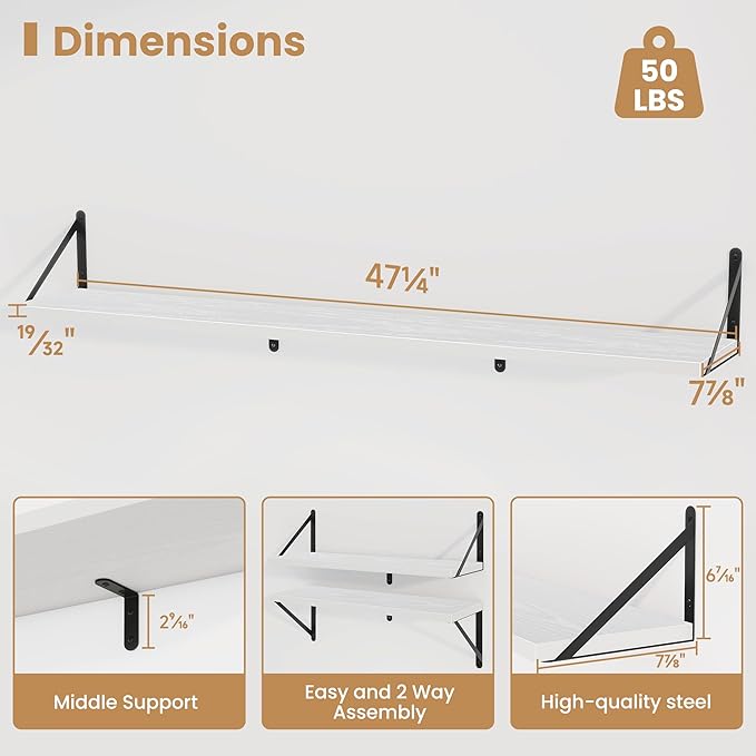 Heimlove 48 Inch Large Floating Bookshelves Set of 3,White Wall Mounted Bookshelves,Heavy Duty Wooden Shelves for Living Room,Bedroom,Kitchen,Laundry Room Storage & Decor