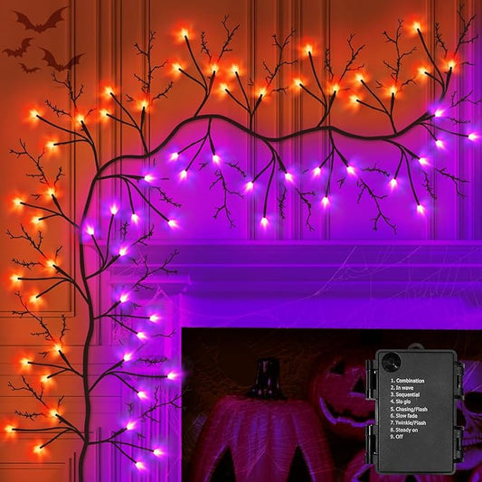 7 Ft Halloween Decorations Willow Vine Twig Garland with 8 Modes Timer 63 LED Orange Purple Lights, Halloween Garland with Waterproof Battery Operated for Wall Fireplace Decorations Indoor Outdoor