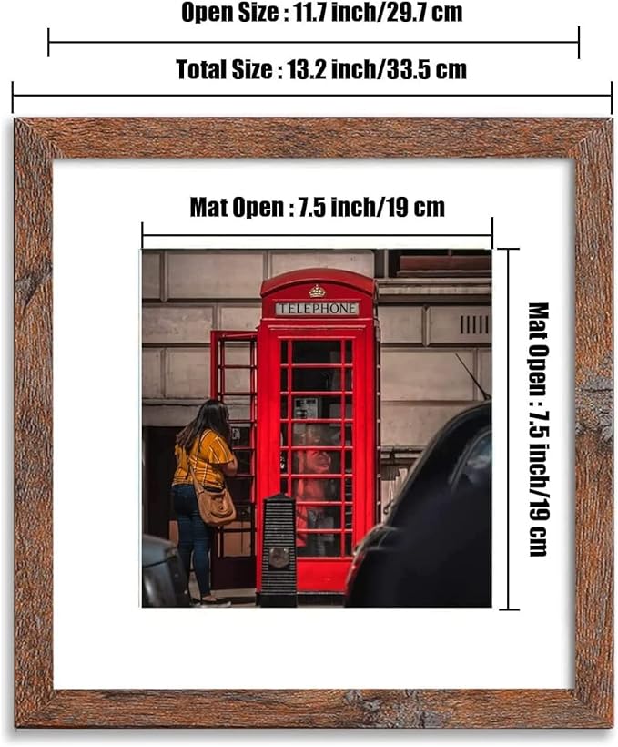 12x12 Picture Frame Set of 6, Display Pictures 8x8 with Mat or 12x12 Without Mat for Wall Mounting,Rustic Brown