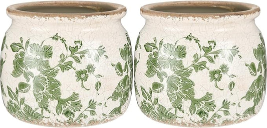 2 Pcs Vintage Planter Large Ceramic Plants Pot Beige Green Vintage Floral Ice Crack Cottage Scroll Vase Flower Vase Pot Indoor Plants Home Kitchen Decor Farmhouse Antique Decorative Gifts