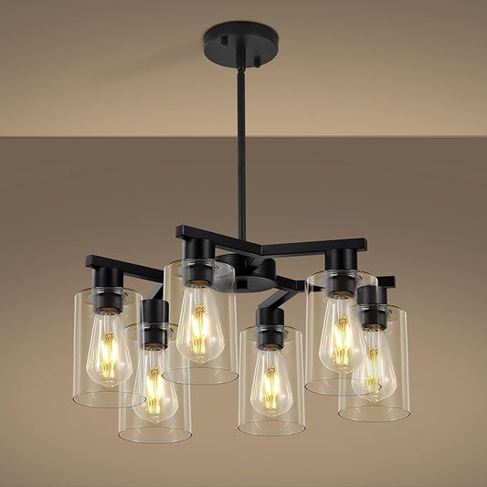 6-Light Black Modern Farmhouse Chandelier for Dining Room Ceiling Light Fixture with Clear Glass Shades, Adjustable Hanging Industrial Pendant Lighting for Living Room Kitchen Island Bedroom Entryway