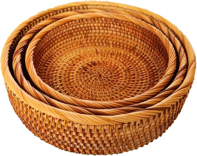 3 Pack Hadewoven Round Rattan Fruit Basket Wicker Food Tray Weaving Storage Holder Dinning Room Bowl, 10 Inch Small Wicker Basket Serving Tray Woven Basket for Bread,Snack,Brown(3-Size Kit)