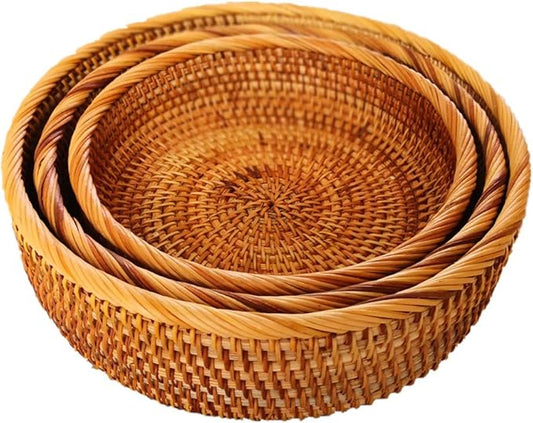 3 Pack Hadewoven Round Rattan Fruit Basket Wicker Food Tray Weaving Storage Holder Dinning Room Bowl, 10 Inch Small Wicker Basket Serving Tray Woven Basket for Bread,Snack,Brown(3-Size Kit)
