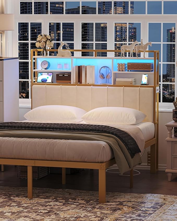 Headboard with 3-Tier Storage Shelves, Velvet Upholstered Head Board with 2 Outlets, USB Ports & LED Light, Soft Backrest for Queen Size Bed, White and Gold BH15203AV1