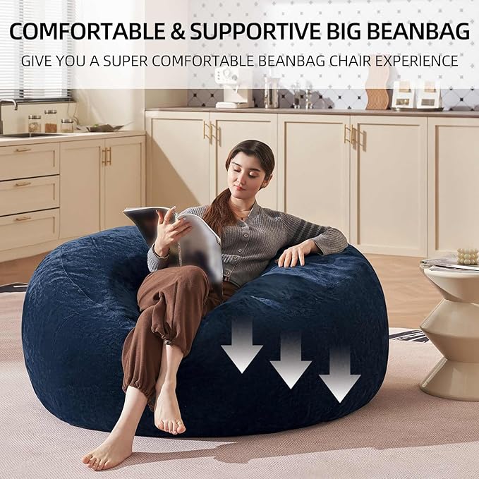 Bean Bag Chair 4Ft, Memory Foam Filled, Large Beanbag Chairs for Adults and Teens, Soft Sofa with Removable Flannel Cover, Round Couch for Living Room Bedroom College Dorm (Blue, 4FT-47×47"×24")