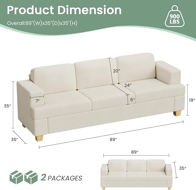 3 Pieces Corduroy Couch Set for Living Room, 3 Seater & Loveset*2 Cloud Sofa, Deep Seat Floor Couch for Bedroom, Futon Modern Sofa Bed, White Corduroy