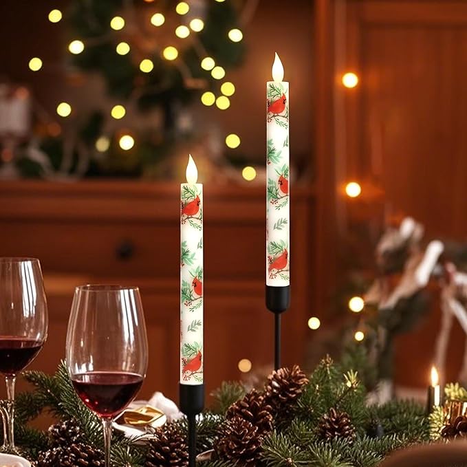 Cardinal Bird Flameless Taper Candles with Remote - Red Bird Theme LED Taper Candles for Home Xmas Holiday Party Christmas Decoration - 2PCS 9.5INCH