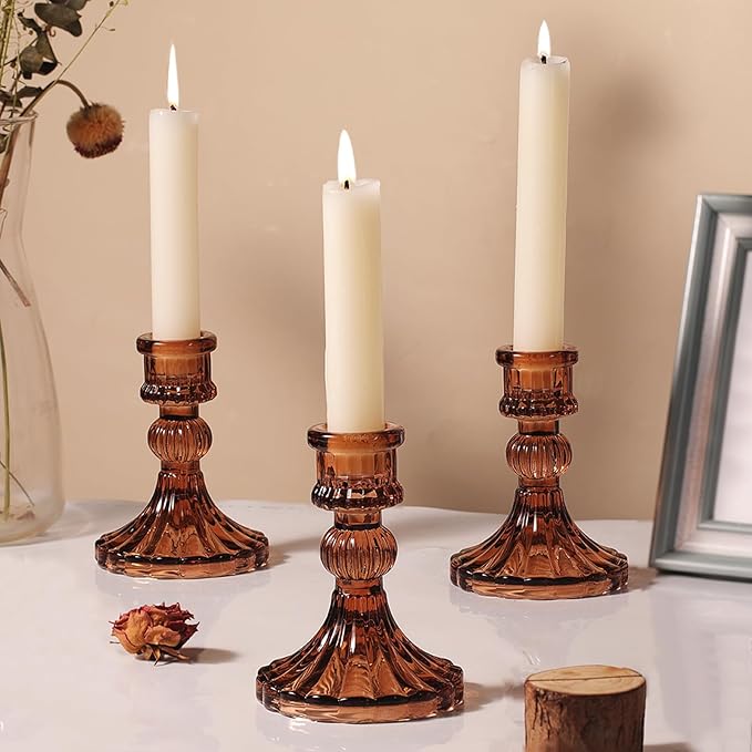 12PCS Amber Candlestick Holders Set- 4" H Taper Candle Holders, Glass Candle Holders Bulk for Wedding, Party, Fall Home Table Centerpieces, Festival Gifts & Windowsill Decor