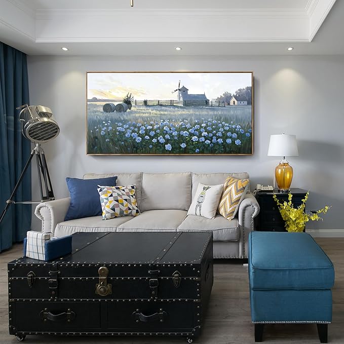 amatop Extra Large Wall Art Bedroom – Framed Country Landscape Canvas Art Blue Floral Field Windmill Print with Natural Wood Frame Rustic Wildflower Picture Home Decor for Living Room Office 58x29 Inch