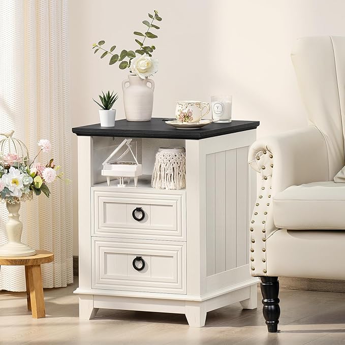 18" Farmhouse Night Stand with Charging Station, 2 Drawers End Table Dresser for Bedroom, White Wooden Nightstand, Bed Side Table with Open Shelf, Bedside Cabinet for Living Room, Closet