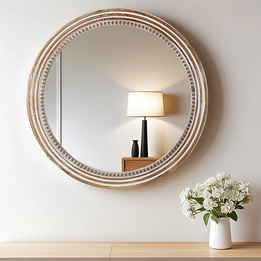 24 Inch Rustic Round Mirror - Farmhouse Vintage Bathroom Vanity Mirror, Wall-Mounted Round Mirrors for Bathroom Sink, Bedroom & Living Room and Framed Decorative Restroom Mirror