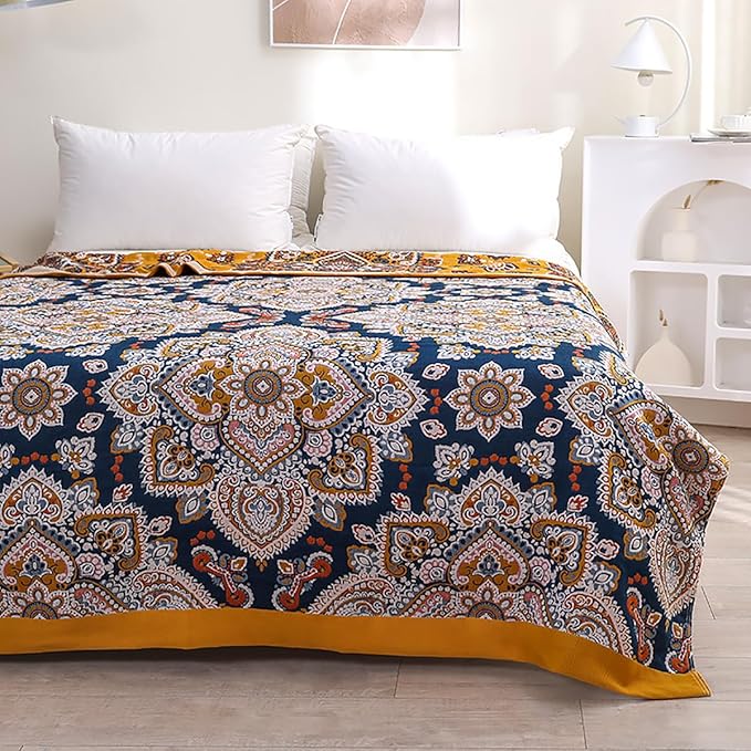 Boho Muslin Blanket for Adults 4-Layer Gauze Twin Size Soft Cozy 100% Cotton Summer Cooling Blanket Bohemian Decor for Sofa Bed Coverlet Both Sides (A Boho Spiral Flower, Twin 60 x 80 in)