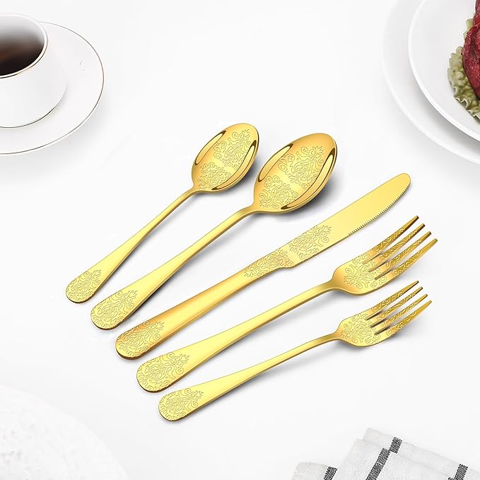 40 Pcs Gold Silverware Set for 8 with Classical Flower Embossed Design, Food Grade Stainless Steel Flatware Set, Eating Utensils Sets Include Fork/Knife/Spoon, Cutlery Set, Dishwasher Safe
