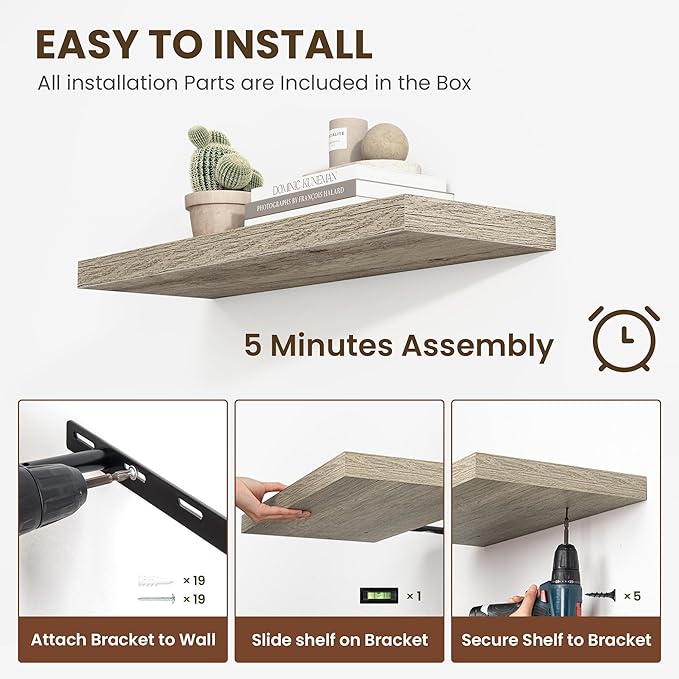 48 Inch Floating Shelves, 12 Inch Deep Floating Shelves for Wall, Floating Shelf with Invisible Brackets, 12 inch Deep Wall Shelves for Bathroom, Bedroom, Living Room, Vintage Gray Oak