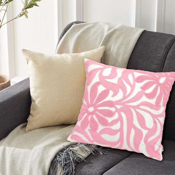 Alysheer Farmhouse Floral Leaves Embroidered Decorative Throw Pillow Cover 18x18 inches, Boho Tufted Flowers Embroidery Pattern Chic Cotton Cushion Case for Couch Bed Sofa Living Room(Light Pink)