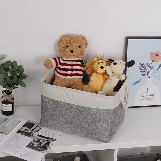 Bidtakay Baskets Set of 3 Storage Baskets for Organizing Large Fabric Storage Bins for Shelves Decorative Canvas Bins Collapsible Empty Baskets for Closet,Nursery,Clothes,Toys,Shoes(White&Grey)