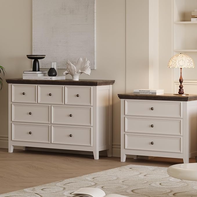 BLANKSPACE 7 Drawer Dresser, Modern Farmhouse Dresser Chest of Drawer for Bedroom, Chest of Drawers Storage Cabinet for Living Room, Entryway, Hallway, Antique White