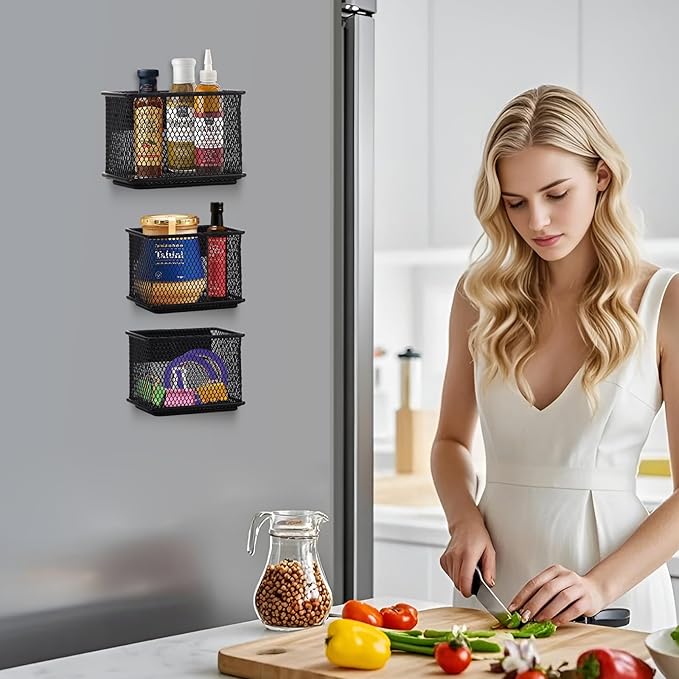 Black Magnetic Basket, Magnetic Organizer Holder Refrigerator Basket, Magnetic Baskets Heavy Duty, Magnetic Holder for Refrigerator Locker Whiteboard Office,Medium x1&Small x2 Set of 3