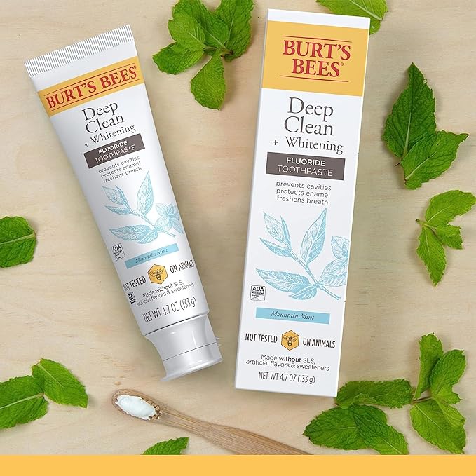 Burt's Bees Toothpaste, Natural Flavor, Fluoride Toothpaste Deep Clean + Whitening, Mountain Mint, 4.7 oz each , (Pack of 3)