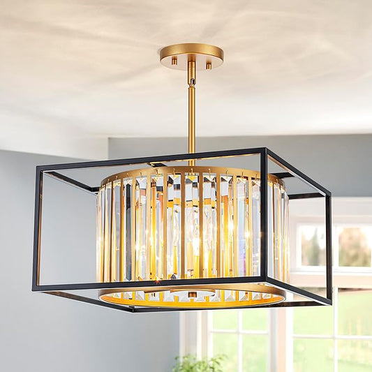 5-Lights K9 Crystal Chandelier, Modern Style Pendant Light Fixture for Dining Room, Bedroom & Living Room, Gold & Black Finish, L16.5 * W16.5 * H12~48 inch (Adjustable Height)