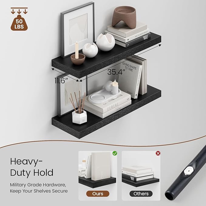 Heimlove 36 Inch Wall Shelf Bathroom Shelves Set of 2, 12" Deep Black Floating Shelves for Wall, Wall Mounted Shelves for Books Living Room Laundry Room Bedroom Kitchen Home Office