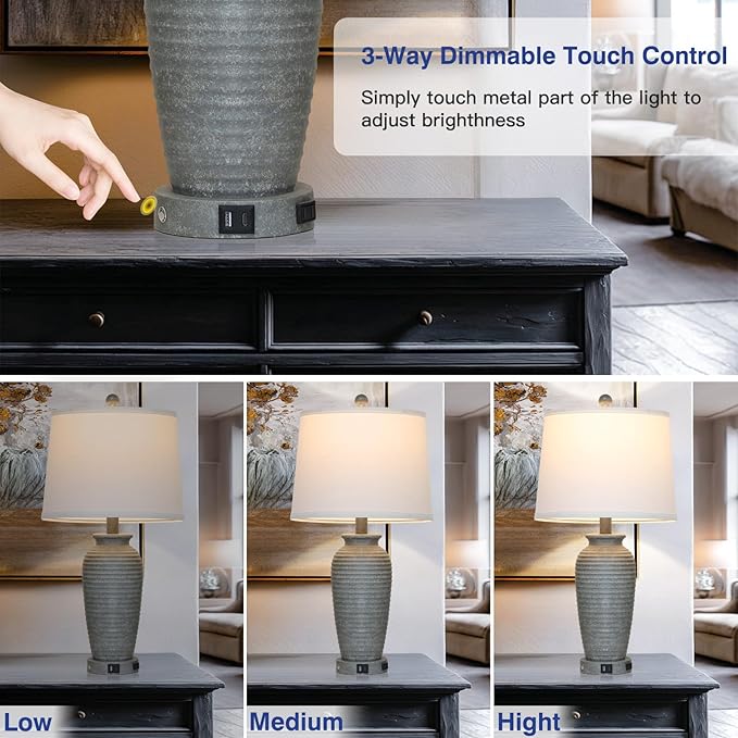 25" Grey Vintage Table Lamp Set of 2 Farmhouse Jar Table Lamps for Living Room，Touch Bedside Lamps with USB A+C Ports & AC Outlet, Pot Nightstand Lamps for Bedroom Living Room (LED Bulbs Included)