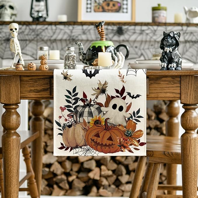Artoid Mode Pumpkin Ghost Leaves Spider Web 210 GSM Halloween Table Runner, Spooky Kitchen Dining Table Decoration for Home Party Decor 13x108 Inch
