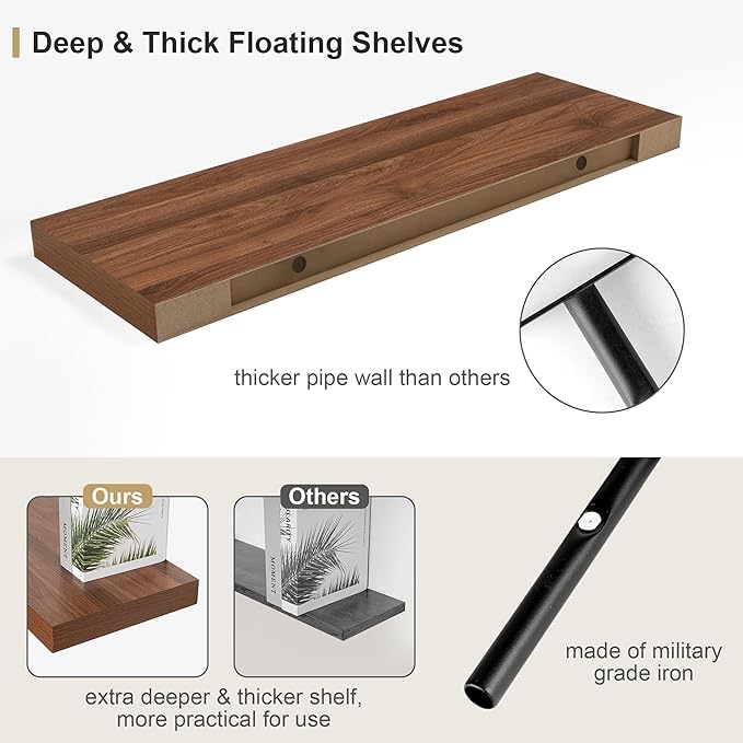 Heimlove 12" Deep Floating Shelves for Wall Shelf Over Toilet Wall Mounted Farmhouse Long 55 inches Set of 1, Farmhouse Shelves with Invisible Brackets for Living Room, Kitchen, Bedroom,Walnut