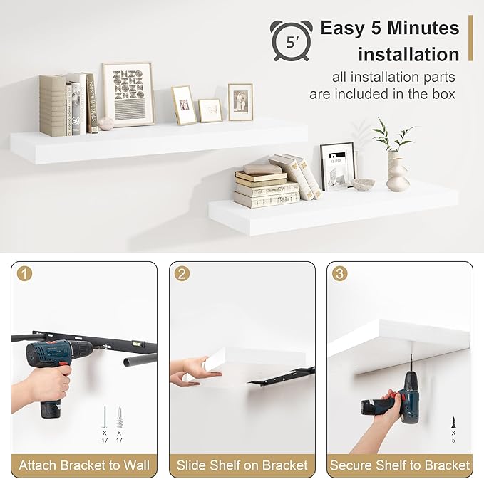 Heimlove 12" Deep White Floating Shelves for Wall, 24 Inch Wall Shelf Bathroom Shelves Set of 1, Wall Mounted Shelves for Books Living Room Laundry Room Bedroom Kitchen Home Office