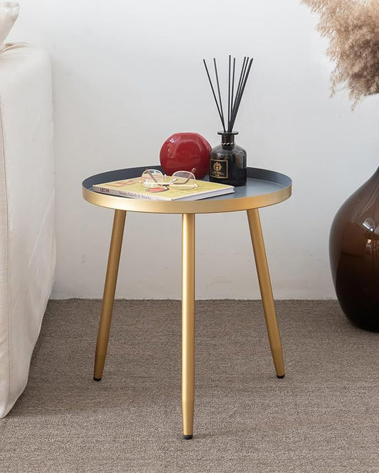 AOJEZOR Side Table: End Table for Indoor Use - Round Side Tables for Small Spaces - Grey Top 3 Legged Gold