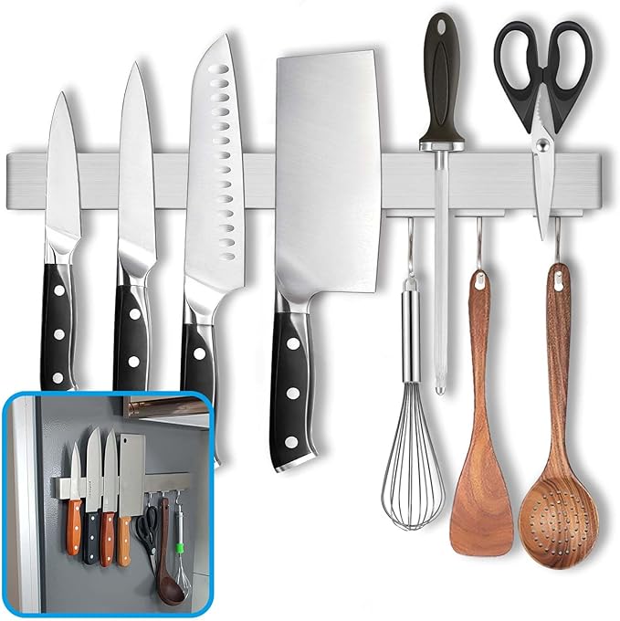 16 Inch Magnetic Knife Holder for Refrigerator - Knife Magnetic Strip for Fridge with Magnetic Hooks - Double Sided Magnetic Knife Bar - Stainless Steel Kitchen Magnetic Knife Hanger Rack