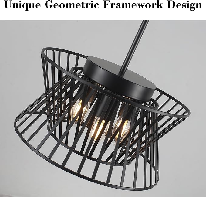 3-Lights Black Pendant Light Vintage Geometric Chandelier Light Fixture Adjustable Metal Lighting Fixtures for Kitchen Room Dining Room Foyer