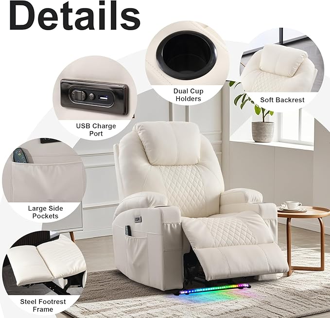 AHMED Power Recliner Chair with Vibration Massage & Heat for Adults, Faux Leather Home Theater Seating with Cup Holders/LED Lights/USB Ports/Side Pockets for Living Room, Beige