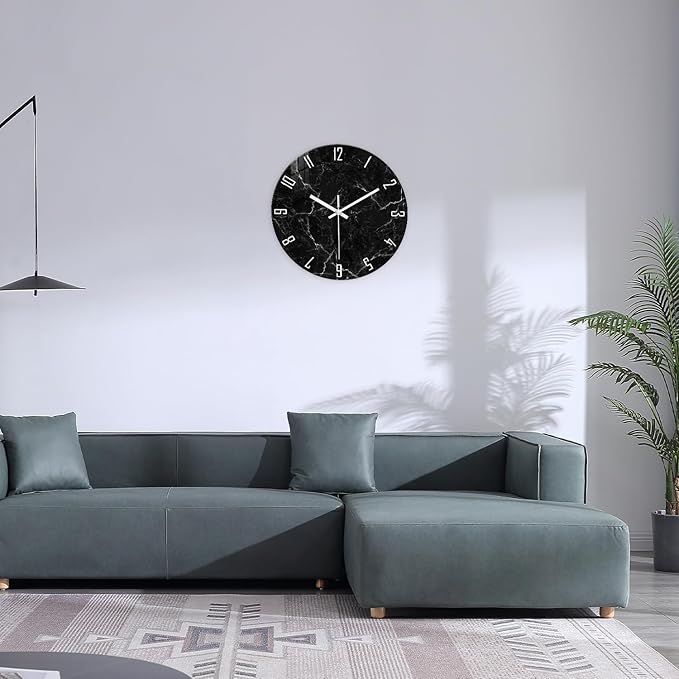 Black Wall Clock for Bedroom Glass Modren Wall Clock Battery Operated 14 Inch Analog Wall Clock Non Ticking