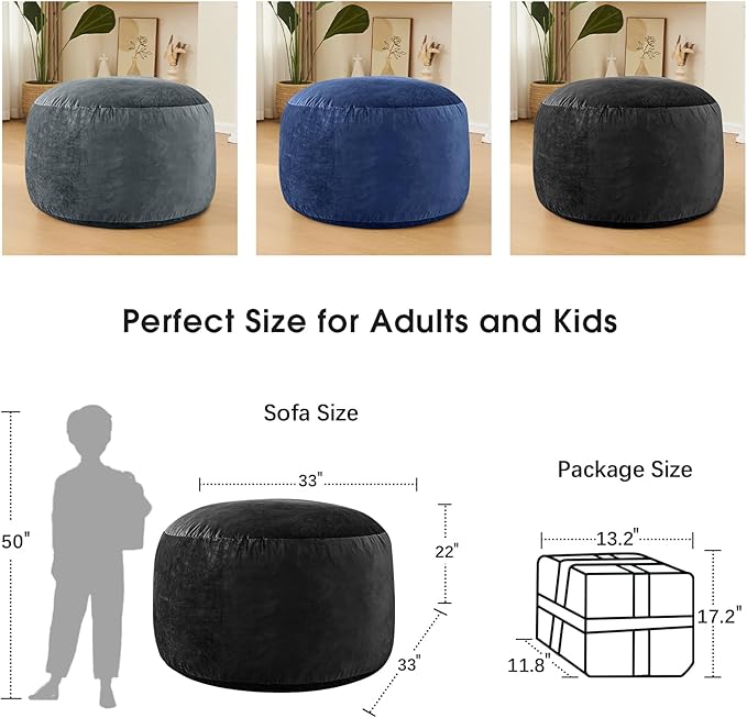 Bean Bag Chairs for Adults - Memory Foam Furniture BeanBag Chair - Kids/Teens Sofa with Soft Micro Fiber Cover - Round Fluffy Couch for Living Room Bedroom College Dorm - Carbon Black