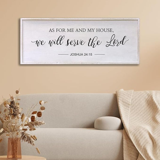 As for Me and My House We Will Serve the Lord Wall Decor - 32" x 12" Large Rustic Family Living Room Wood Framed Home Sign Joshua 24 15 Christian Bible Verse Plaque Hanging Wall Art(White)