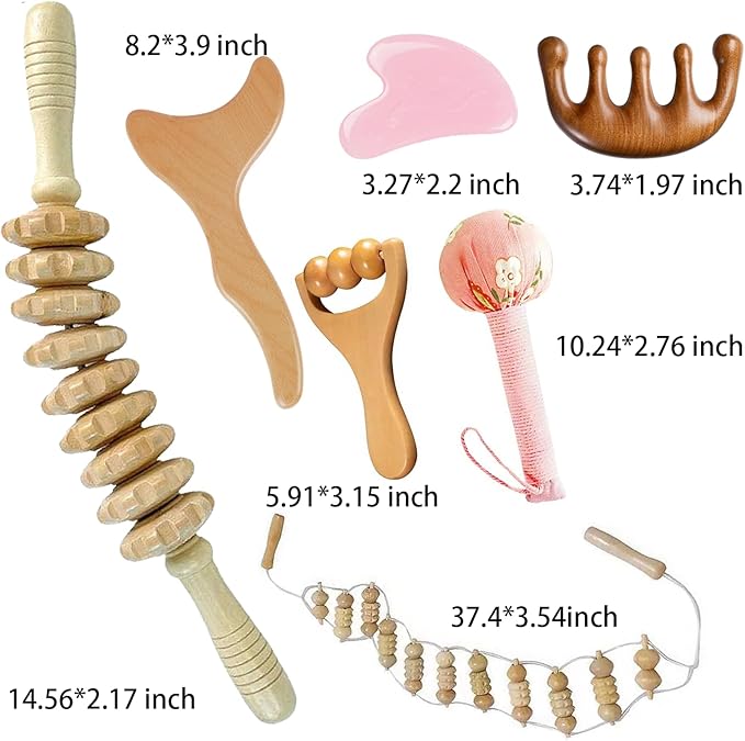 7-in-1 Lymphatic Drainage Massager Set，Wood Therapy & Cellulite Massager Tools for Gua Sha, Full Body Meridian Detox (Face/Head/Waist/Legs)，Maderotherapie Outils for Body Sculpting, lymphatic roller
