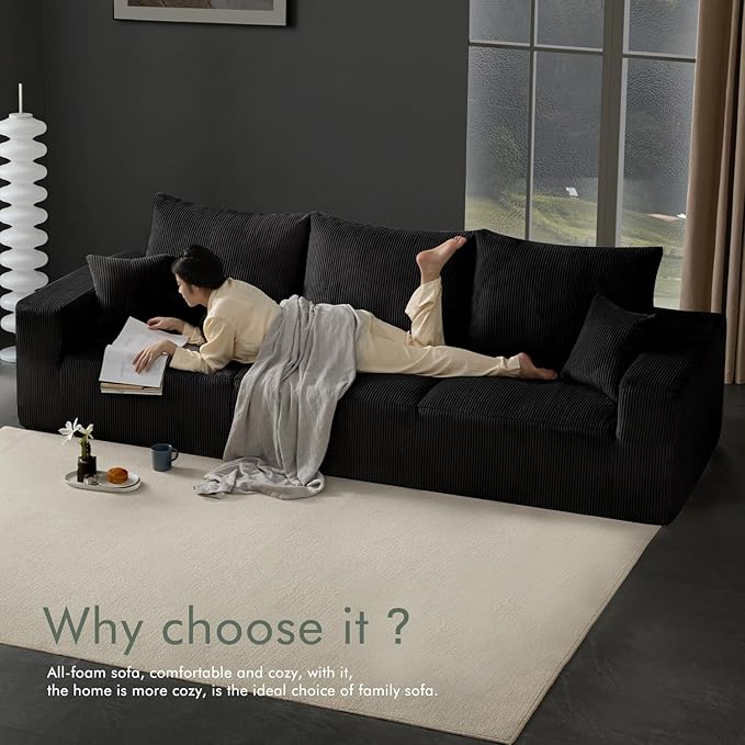 Boneless Sectional Cloud Couch Sofa for Living Room, 112" U-Shaped Modular Modern Lounge Sleeper Black Couches with Chaise, No Assemble, Cordury Compression Upholstered Sofas