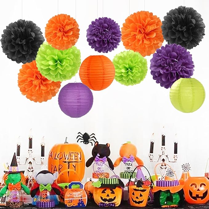 Black-Orange Purple Green Halloween Party-Decorations - 15PCS Paper Flowers Lanterns Tissue Pom Poms Streamers,Vintage Birthday Baby Shower Bachelorette Wedding Bathroom Hanging Supplies Decor Hugfond