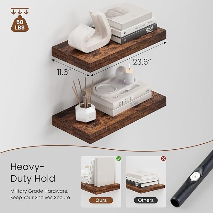 Heimlove 12" Deep Floating Shelves for Wall, 24 Inch Wall Shelf Bathroom Shelves Set of 2, Wall Mounted Shelves for Books Living Room Laundry Room Bedroom Kitchen Home Office, Rustic Brown